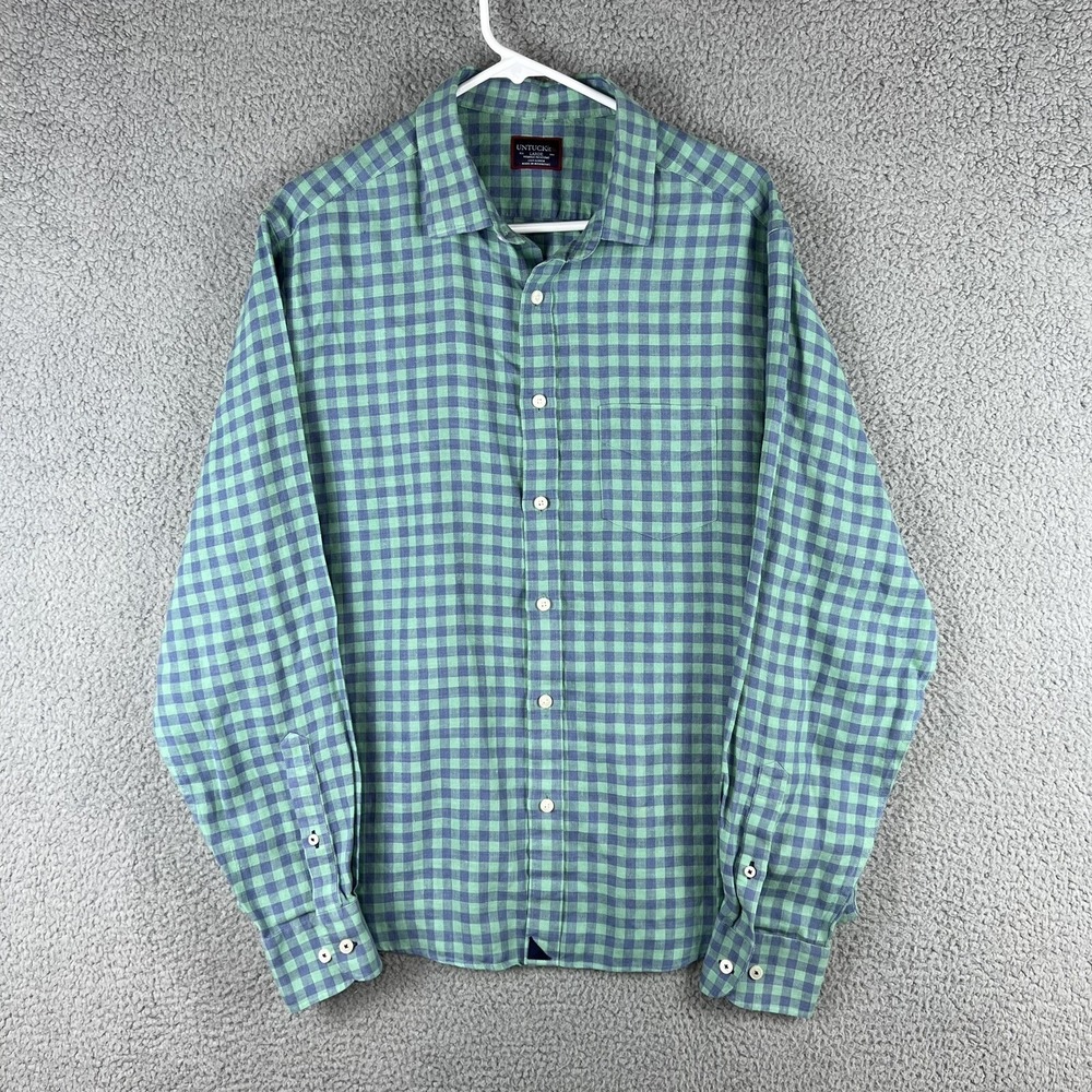 Untuckit Shirt‎ Mens Large Blue Green Plaid 100% Linen Wrinkle Free Button Up